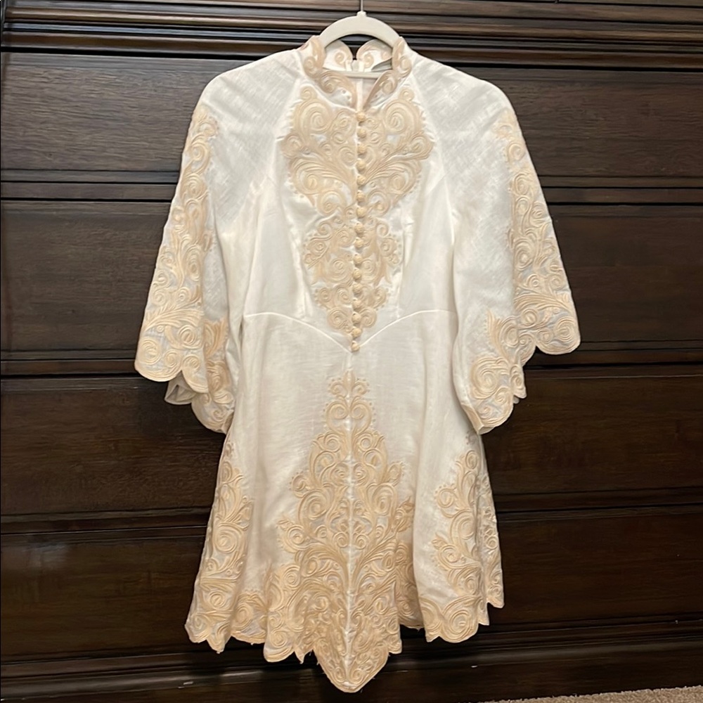 Zimmermann Ivory Mini Dress with Beige Embroidered Detail